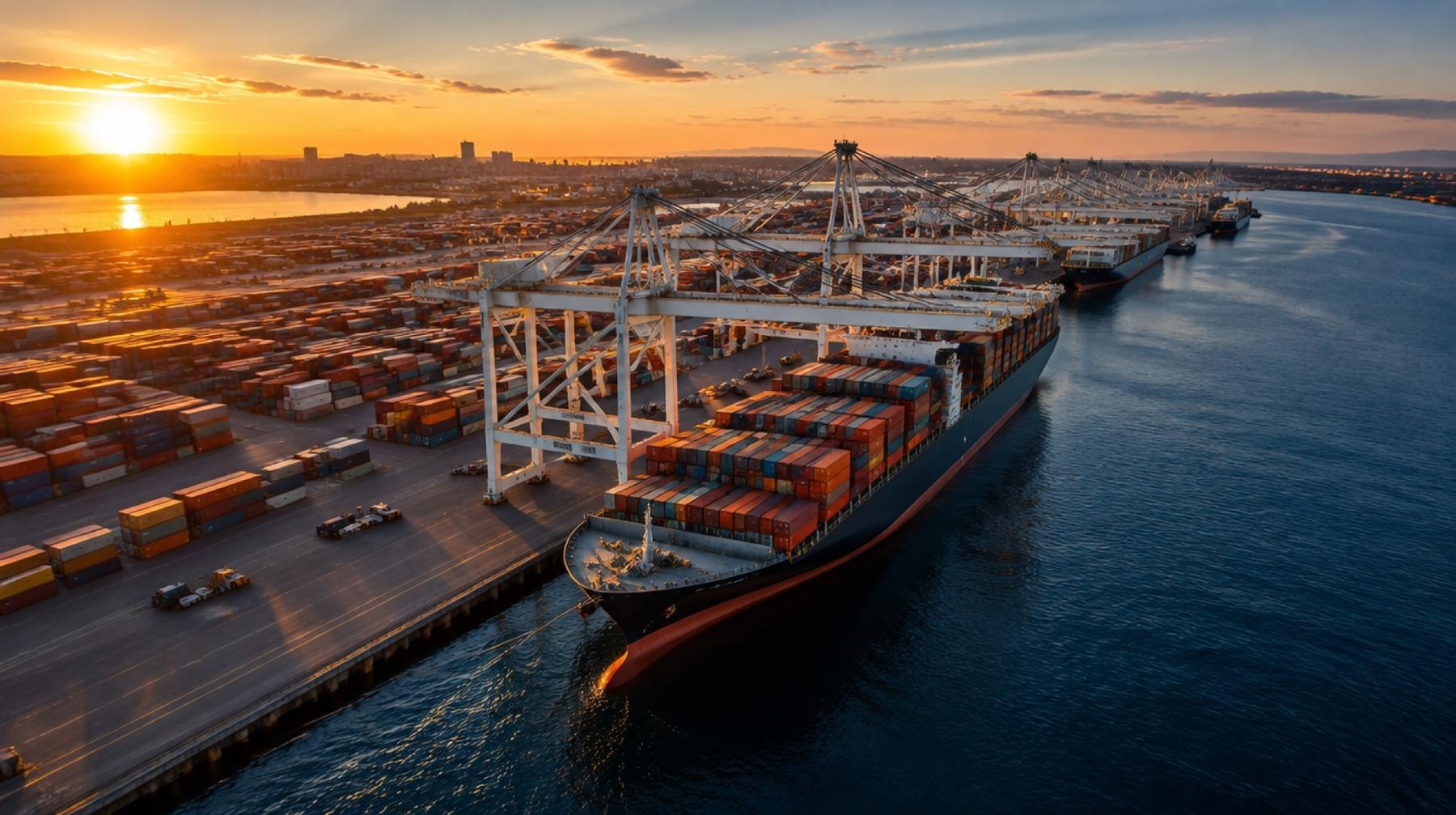 Container ship being loaded at a port at sunset