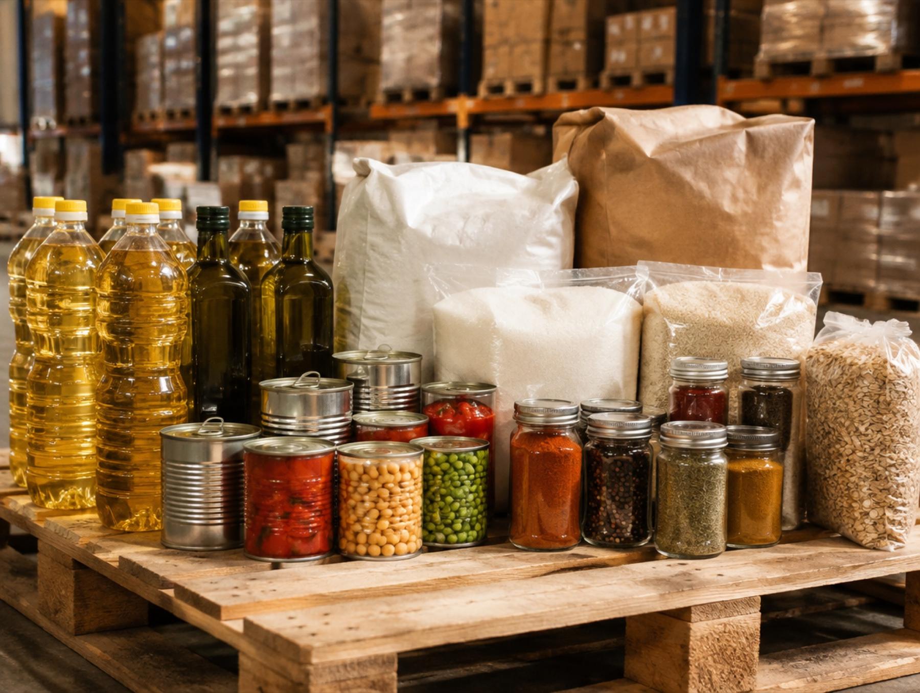 Cooking oils, flour, sugar, canned goods and spices on a pallet