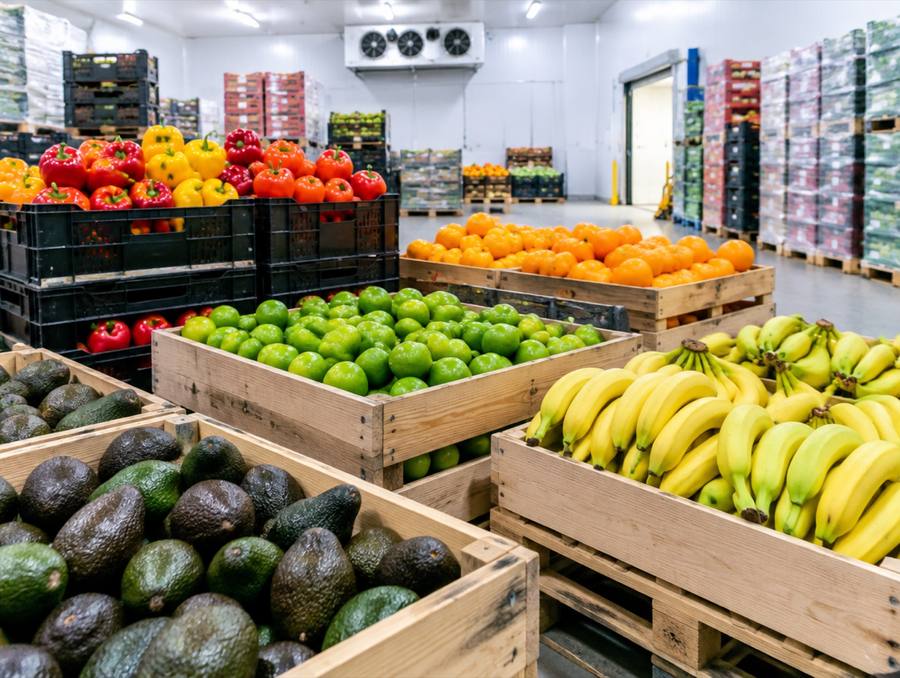 Crates of fresh fruits and vegetables in a cold storage room