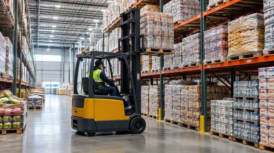 Pallets of packaged food in a distribution warehouse