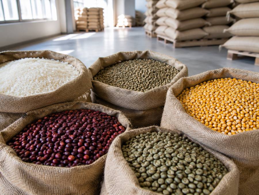 Sacos de arroz, frijoles, lentejas y granos de café